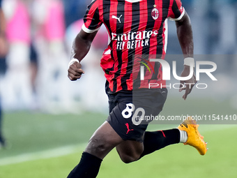 Yunus Musah of AC Milan during the Serie A Enilive match between SS Lazio and AC Milan at Stadio Olimpico on Aug 31, 2024 in Rome, Italy. (