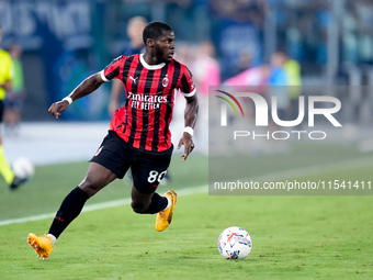 Yunus Musah of AC Milan during the Serie A Enilive match between SS Lazio and AC Milan at Stadio Olimpico on Aug 31, 2024 in Rome, Italy. (