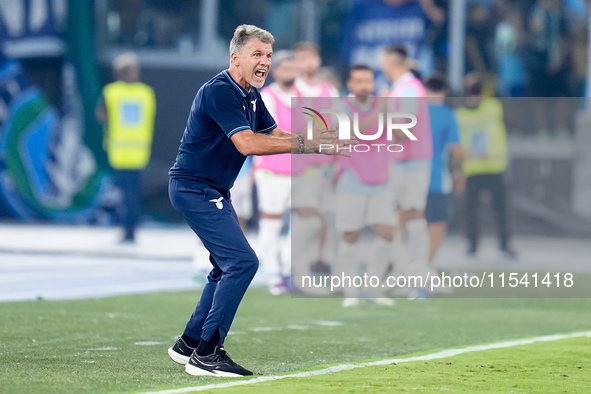 Marco Baroni head coach of SS Lazio yells during the Serie A Enilive match between SS Lazio and AC Milan at Stadio Olimpico on Aug 31, 2024...