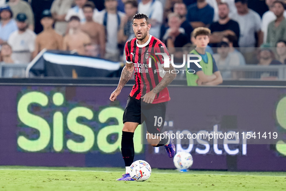 Theo Hernandez of AC Milan during the Serie A Enilive match between SS Lazio and AC Milan at Stadio Olimpico on Aug 31, 2024 in Rome, Italy....