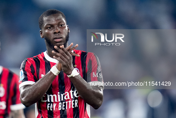 Yunus Musah of AC Milan applauds supporters during the Serie A Enilive match between SS Lazio and AC Milan at Stadio Olimpico on Aug 31, 202...