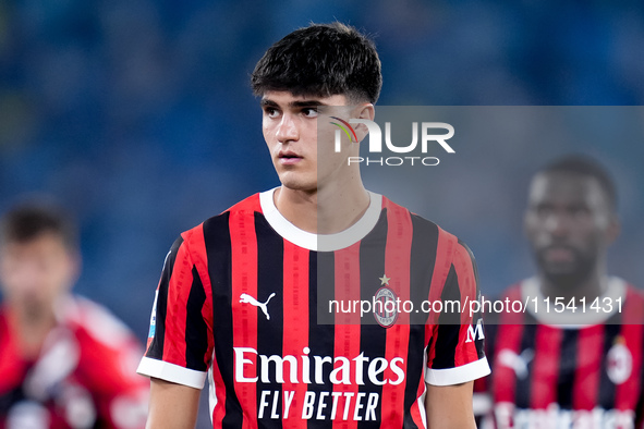 Davide Bartesaghi of AC Milan looks on during the Serie A Enilive match between SS Lazio and AC Milan at Stadio Olimpico on Aug 31, 2024 in...