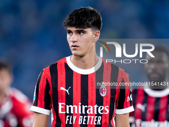 Davide Bartesaghi of AC Milan looks on during the Serie A Enilive match between SS Lazio and AC Milan at Stadio Olimpico on Aug 31, 2024 in...