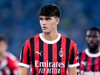 Davide Bartesaghi of AC Milan looks on during the Serie A Enilive match between SS Lazio and AC Milan at Stadio Olimpico on Aug 31, 2024 in...