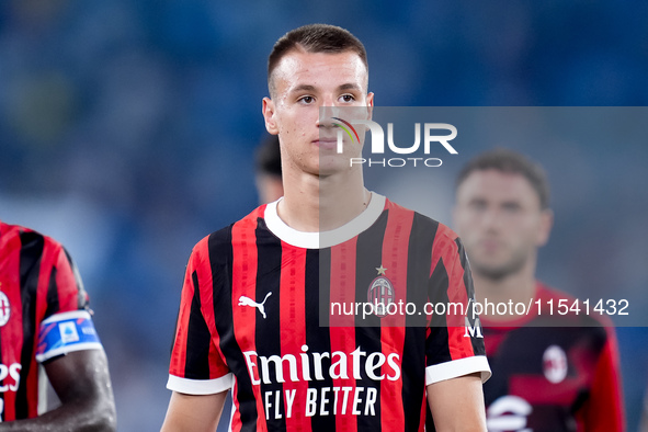 Francesco Camarda of AC Milan during the Serie A Enilive match between SS Lazio and AC Milan at Stadio Olimpico on Aug 31, 2024 in Rome, Ita...