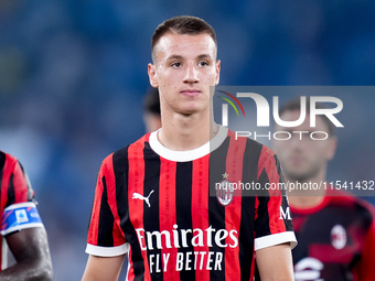 Francesco Camarda of AC Milan during the Serie A Enilive match between SS Lazio and AC Milan at Stadio Olimpico on Aug 31, 2024 in Rome, Ita...