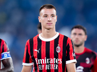 Francesco Camarda of AC Milan during the Serie A Enilive match between SS Lazio and AC Milan at Stadio Olimpico on Aug 31, 2024 in Rome, Ita...