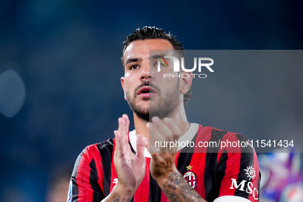 Theo Hernandez of AC Milan applauds supporters during the Serie A Enilive match between SS Lazio and AC Milan at Stadio Olimpico on Aug 31,...