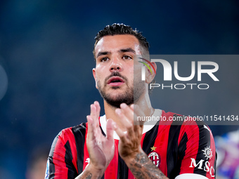 Theo Hernandez of AC Milan applauds supporters during the Serie A Enilive match between SS Lazio and AC Milan at Stadio Olimpico on Aug 31,...