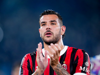 Theo Hernandez of AC Milan applauds supporters during the Serie A Enilive match between SS Lazio and AC Milan at Stadio Olimpico on Aug 31,...