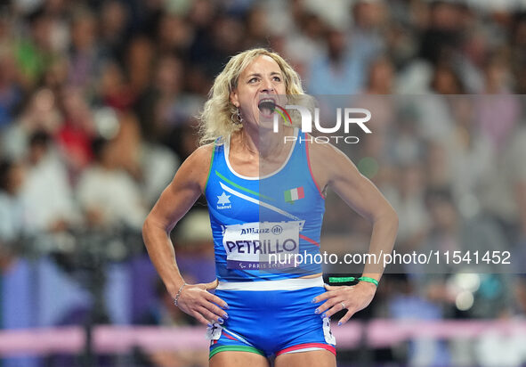 Valentina Petrillo of Italy in action in Women's 400m - T12 Semi-Finals during the Paris 2024 Paralympic Games at Stade de France on Septemb...