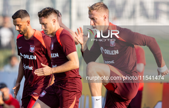 Mateusz Wieteska, Piotr Zielinski, Adam Buksa during training before UEFA Nations League matches in Ksiazenice, Poland on September 02, 2024...