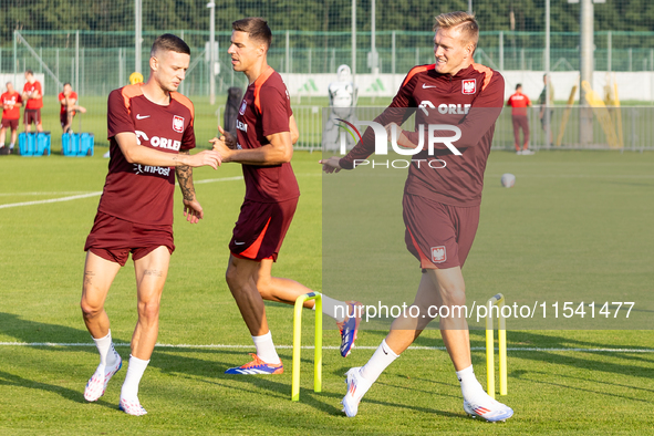 Sebastian Szymanski, Jan Bednarek, Karol Swiderski, Nicola Zalewski during training before UEFA Nations League matches in Ksiazenice, Poland...