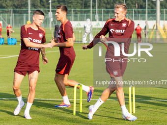 Sebastian Szymanski, Jan Bednarek, Karol Swiderski, Nicola Zalewski during training before UEFA Nations League matches in Ksiazenice, Poland...