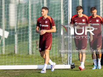 Piotr Zielinski, Krzysztof Piatek, Przemyslaw Frankowski during training before UEFA Nations League matches in Ksiazenice, Poland on Septemb...