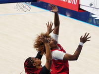 Indiana forward NaLyssa Smith #1 drives to the basket during the WNBA match against Dallas Wings at College Park Center. Indiana Fever defea...