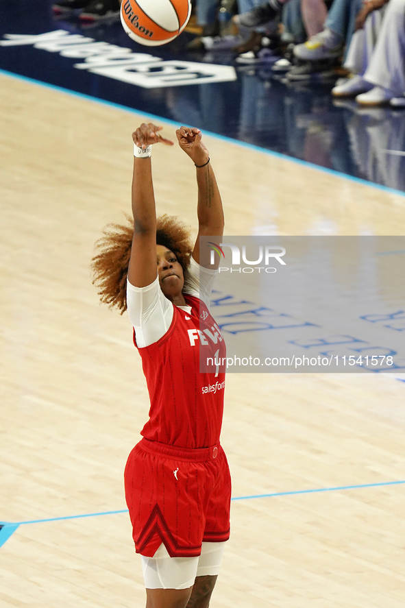 Indiana forward NaLyssa Smith #1 shoots the ball during the WNBA match against Dallas Wings at College Park Center. Indiana Fever defeat Dal...