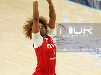 Indiana forward NaLyssa Smith #1 shoots the ball during the WNBA match against Dallas Wings at College Park Center. Indiana Fever defeat Dal...