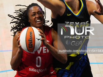 Indiana guard Kelsey Mitchell #0 drives to the basket during the WNBA match against Dallas Wings at College Park Center. Indiana Fever defea...