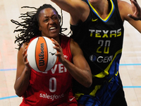 Indiana guard Kelsey Mitchell #0 drives to the basket during the WNBA match against Dallas Wings at College Park Center. Indiana Fever defea...