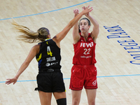 Indiana guard Caitlin Clark #22 shoots the ball over Dallas guard Jacy Sheldon #4 during the WNBA match against the Dallas Wings at College...