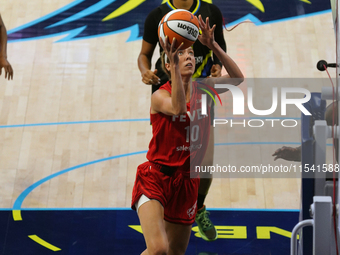 Indiana guard Lexie Hull #10 drives to the basket during the WNBA match against the Dallas Wings at College Park Center. Indiana Fever defea...