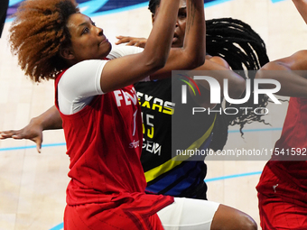 Indiana forward NaLyssa Smith #1 drives to the basket during the WNBA match against Dallas Wings at College Park Center. Indiana Fever defea...