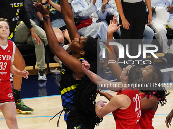 Dallas center Teaira McCowan #15 drives to the basket during the WNBA match against Indiana Fever at College Park Center. Indiana Fever defe...