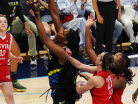 Dallas center Teaira McCowan #15 drives to the basket during the WNBA match against Indiana Fever at College Park Center. Indiana Fever defe...