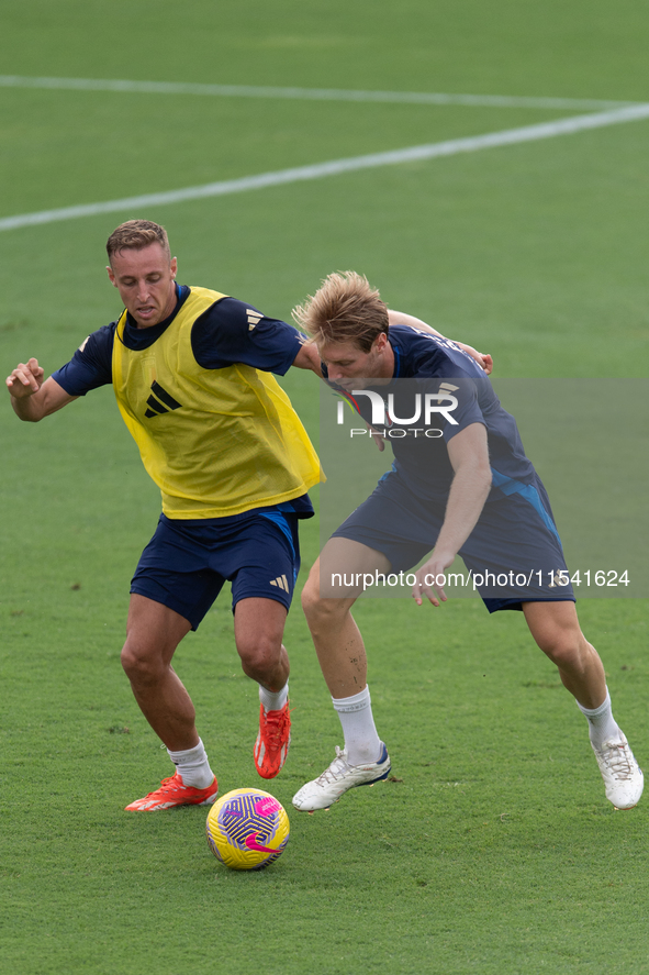 Davide Frattesi and Marco Brescianini attend the Italian national team training in Coverciano at Centro Tecnico Federale in Florence, Italy....