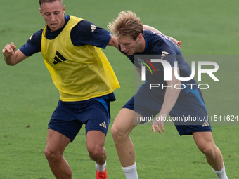 Davide Frattesi and Marco Brescianini attend the Italian national team training in Coverciano at Centro Tecnico Federale in Florence, Italy....