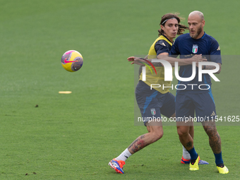 Riccardo Calafiori and Federico Dimarco attend the Italian national team training in Florence, Italy, at Centro Tecnico Federale in Covercia...