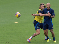 Riccardo Calafiori and Federico Dimarco attend the Italian national team training in Florence, Italy, at Centro Tecnico Federale in Covercia...