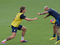 Riccardo Calafiori and Federico Dimarco attend the Italian national team training in Florence, Italy, at Centro Tecnico Federale in Covercia...