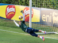 Goalkeeper Guglielmo Vicario is in action during the Italian National Team training camp at Centro Tecnico Federale in Coverciano, Florence,...