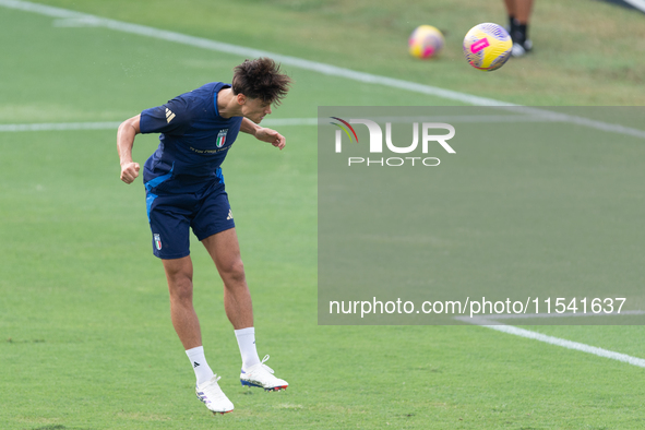 Mateo Retegui attends the Italian National Team training camp at Centro Tecnico Federale in Coverciano, Florence, Italy. 