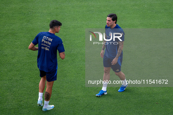 Raoul Bellanova and Sandro Tonali attend the Italian National Team training camp at Centro Tecnico Federale in Coverciano, Florence, Italy 