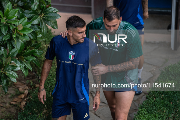 Gianluigi Donnarumma and Lorenzo Pellegrini attend the Italian National Team training camp at Centro Tecnico Federale in Coverciano, Florenc...