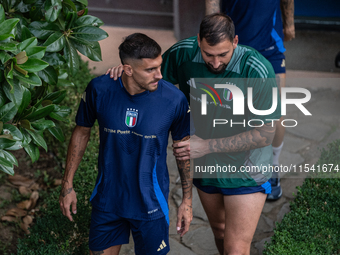 Gianluigi Donnarumma and Lorenzo Pellegrini attend the Italian National Team training camp at Centro Tecnico Federale in Coverciano, Florenc...