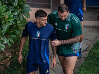 Gianluigi Donnarumma and Lorenzo Pellegrini attend the Italian National Team training camp at Centro Tecnico Federale in Coverciano, Florenc...