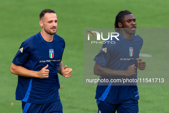 Federico Gatti and Moise Kean attend the Italian National Team training camp at Centro Tecnico Federale in Coverciano, Florence, Italy. 