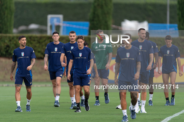 Players of Italy in action during an Italy training session at Centro Tecnico Federale di Coverciano in Florence, Italy, on September 2, 202...