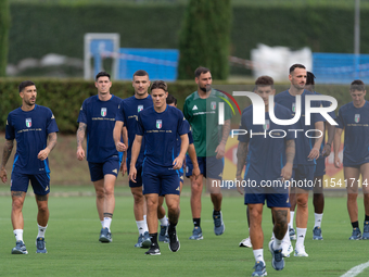 Players of Italy in action during an Italy training session at Centro Tecnico Federale di Coverciano in Florence, Italy, on September 2, 202...