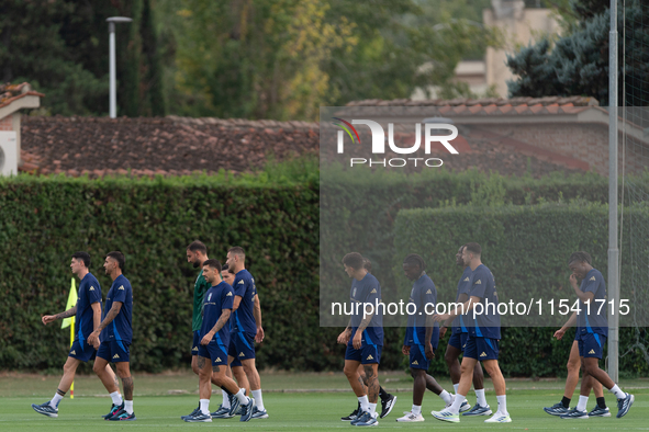 Players of Italy in action during an Italy training session at Centro Tecnico Federale di Coverciano in Florence, Italy, on September 2, 202...