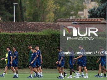 Players of Italy in action during an Italy training session at Centro Tecnico Federale di Coverciano in Florence, Italy, on September 2, 202...