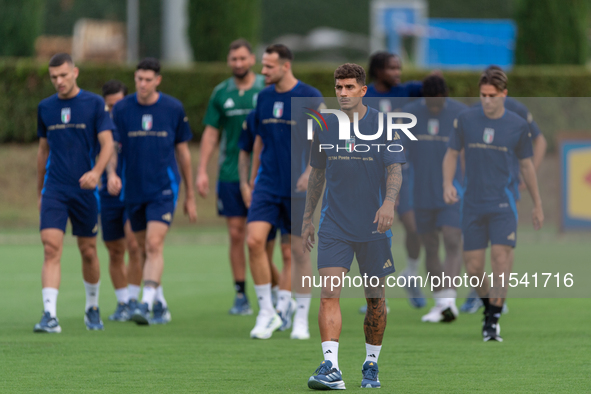 Players of Italy in action during an Italy training session at Centro Tecnico Federale di Coverciano in Florence, Italy, on September 2, 202...