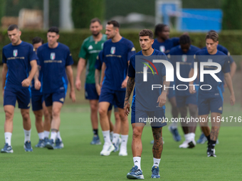 Players of Italy in action during an Italy training session at Centro Tecnico Federale di Coverciano in Florence, Italy, on September 2, 202...