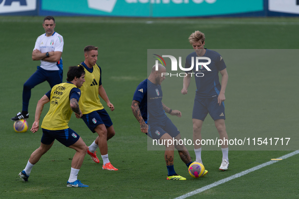 Players of Italy in action during an Italy training session at Centro Tecnico Federale di Coverciano in Florence, Italy, on September 2, 202...