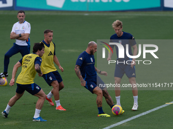 Players of Italy in action during an Italy training session at Centro Tecnico Federale di Coverciano in Florence, Italy, on September 2, 202...