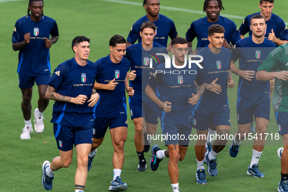 Players of Italy in action during an Italy training session at Centro Tecnico Federale di Coverciano in Florence, Italy, on September 2, 202...